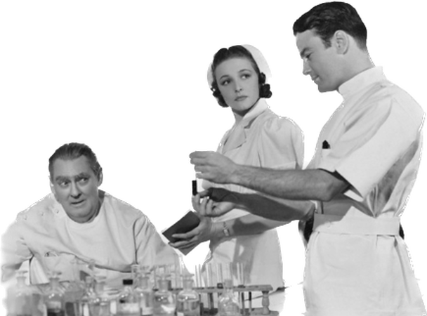 3 people: a doctor, a nurse, and a patient in a medical office. With the aid of an assistant, the script doctor instructs a scriptwriting class. represents a struggling, perplexed, newbie, intermediate and expert receiving care from Script E.R.